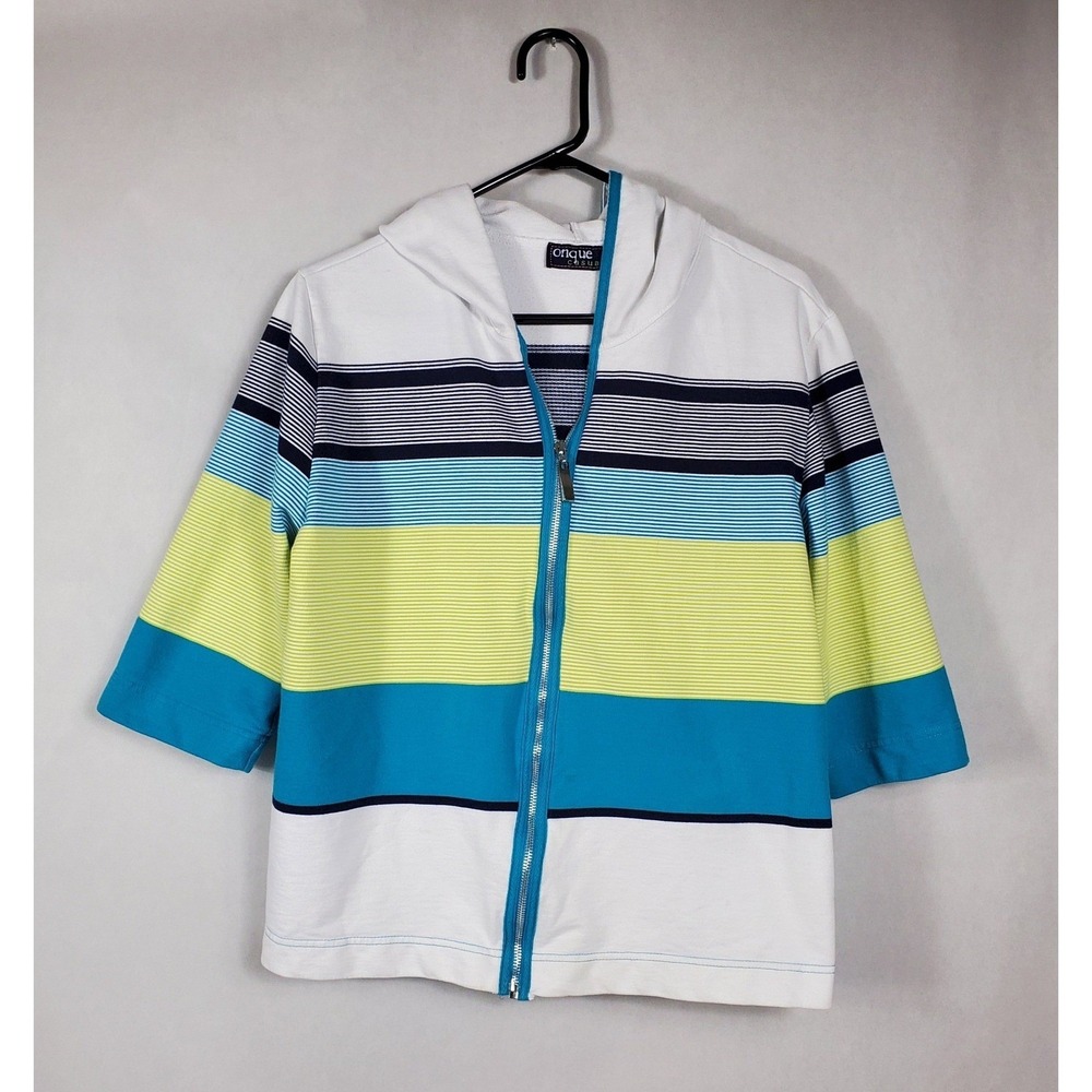 Onque Casuals Womens XL Striped Full Zip Hoodie Elbow Sleeve Blue Lime White